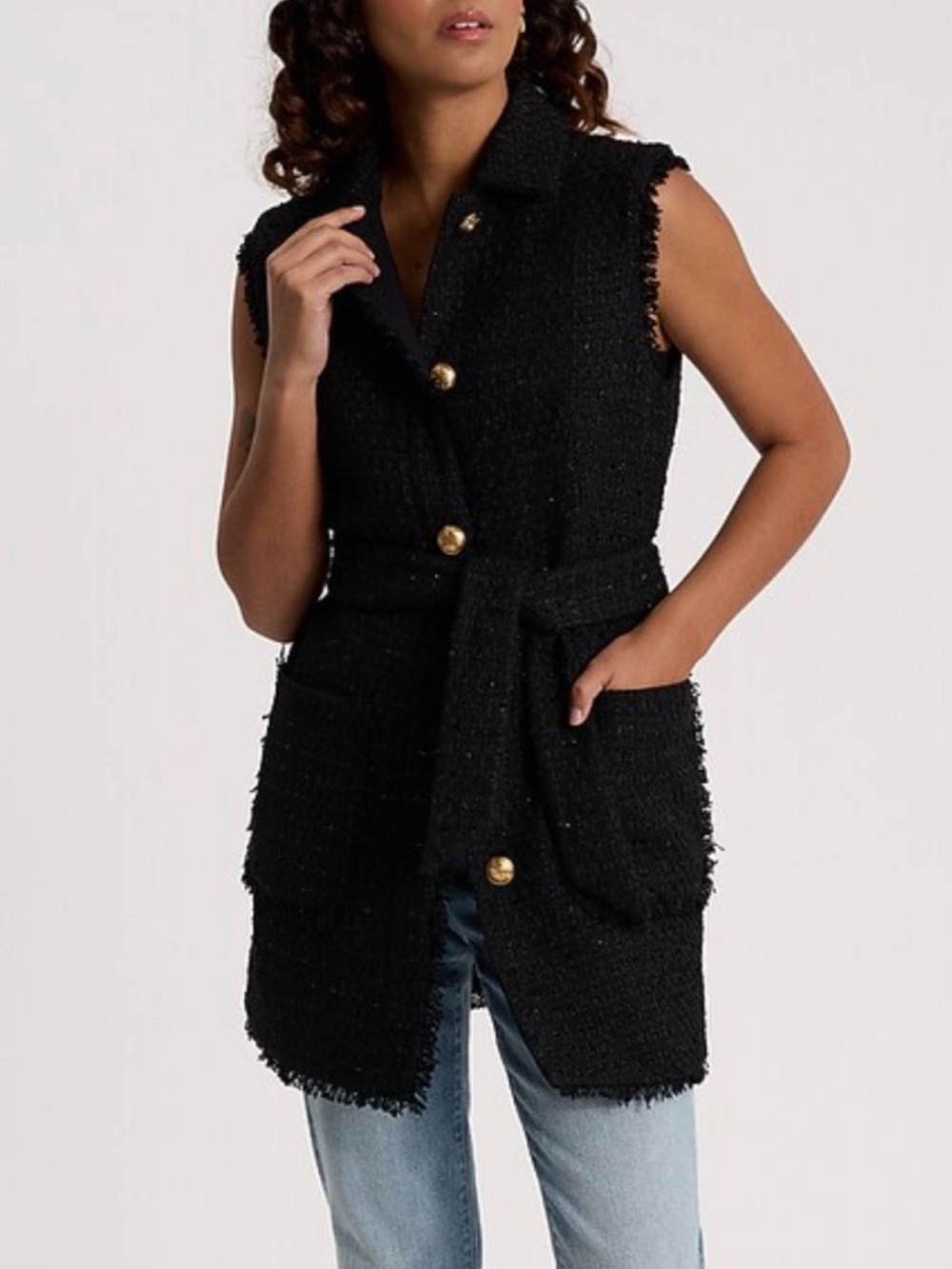Express Sleeveless Black Tweed Belted Vest Coat.
